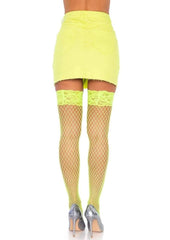 Leg Avenue Spandex Industrial Net Thigh Highs with Stay Up Silicone Lace Top - Neon Yellow/Yellow - One Size