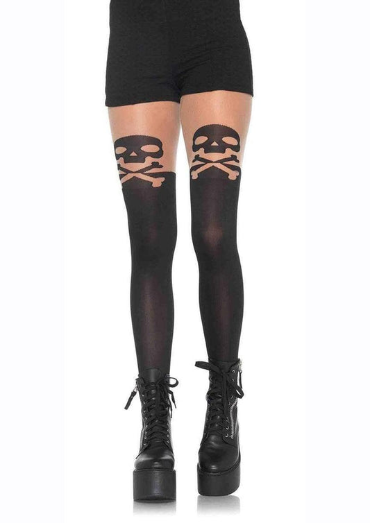 Leg Avenue Spandex Skull and Crossbone Pantyhose with Sheer Thigh Accent - Black/Nude - One Size