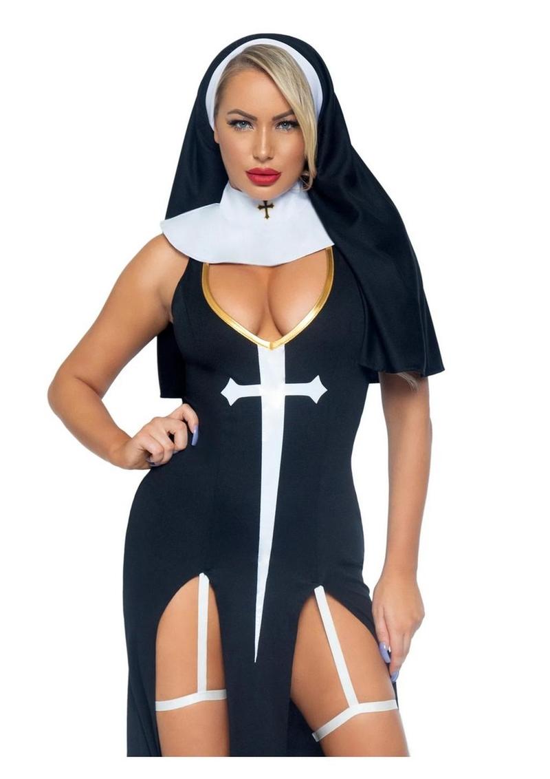 Leg Avenue Sultry Sinner Dual Slit Garter Dress with Vinyl Cross Detail, Vinyl Collar, and Nun Habit - Black/White - Large - 3 Piece