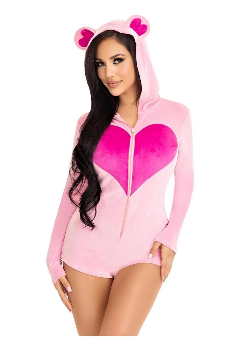 Leg Avenue Sweetheart Bear Velvet Zip Up Romper with Heart Accent - Pink - Large