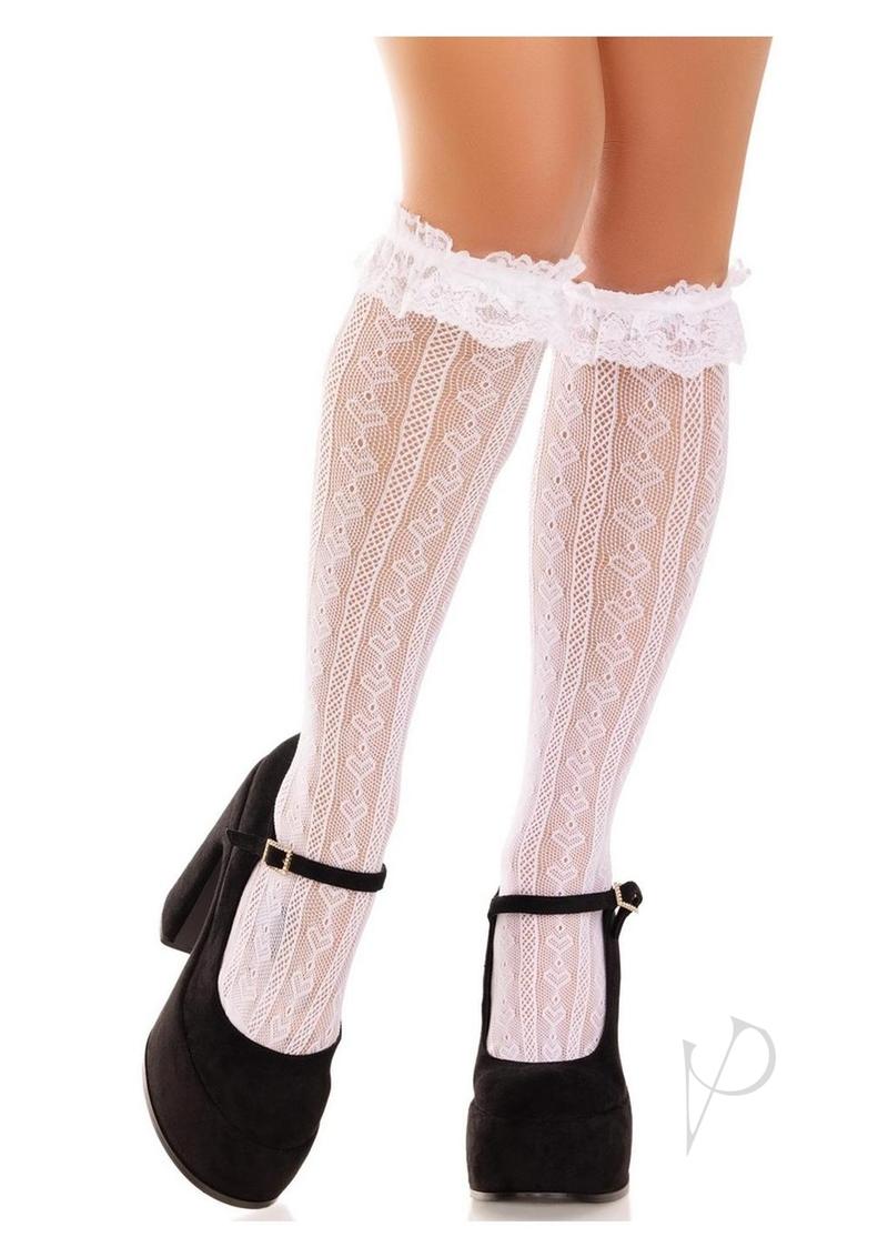 Leg Avenue Sweetheart Knit Knee Highs with Lace Ruffle Cuff - White - One Size