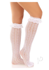 Leg Avenue Sweetheart Knit Knee Highs with Lace Ruffle Cuff - White - One Size