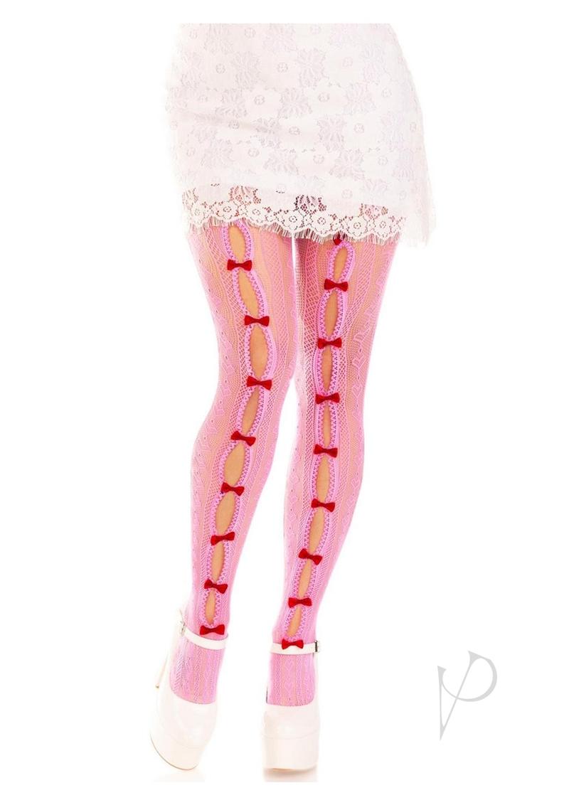 Leg Avenue Sweetheart Striped Net Tights with Keyhole and Mini Bow Detail - Pink - One Size