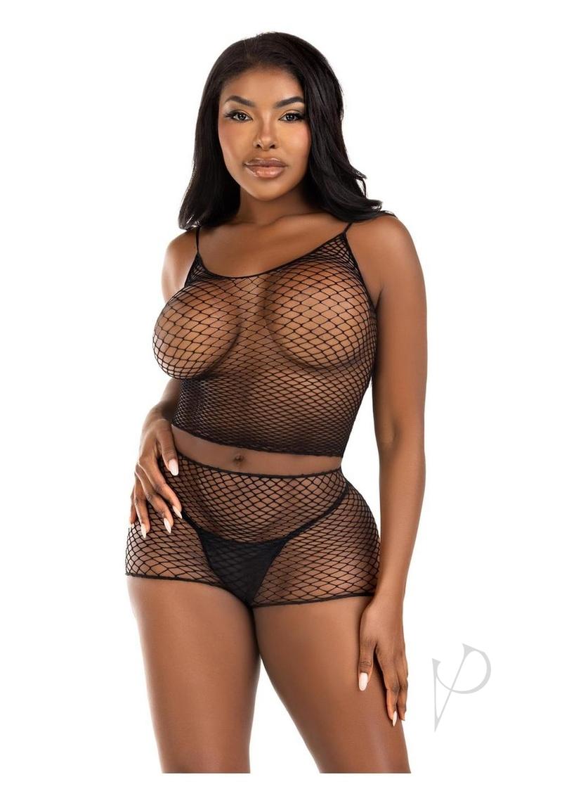 Leg Avenue Twist Net Tank Top and Boy Shorts - Black - One Size - 2 Piece