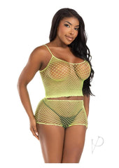 Leg Avenue Twist Net Tank Top and Boy Shorts - Lime - One Size - 2 Piece