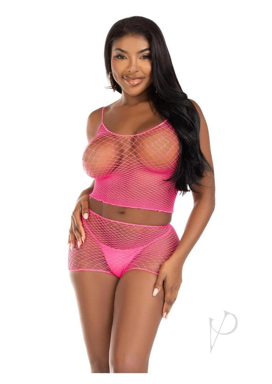 Leg Avenue Twist Net Tank Top and Boy Shorts - Neon Pink - One Size - 2 Piece