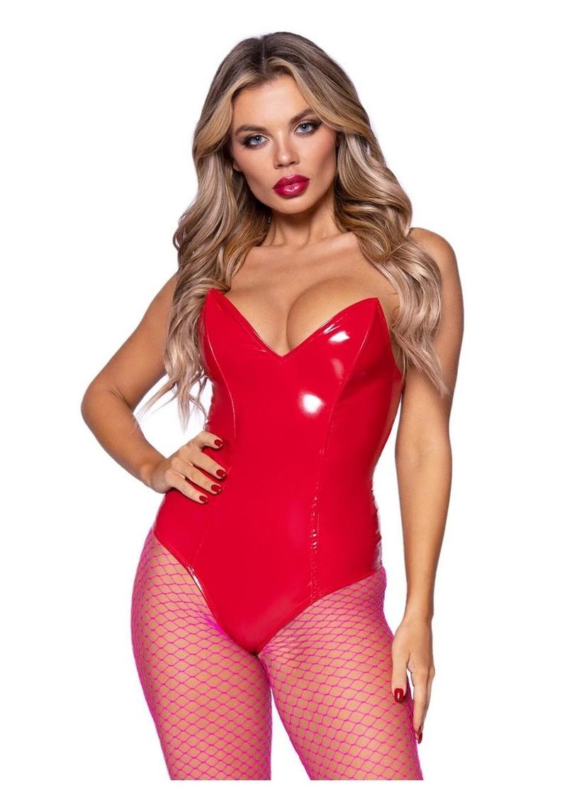 Leg Avenue Vinyl Boned Bodysuit - Red - Small