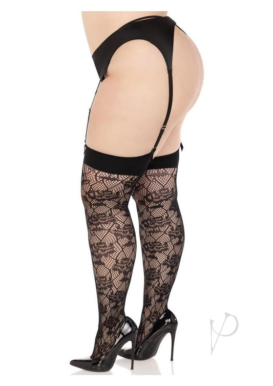 Leg Avenue Wild Rose Net Thigh Highs - 1x-2x - Black