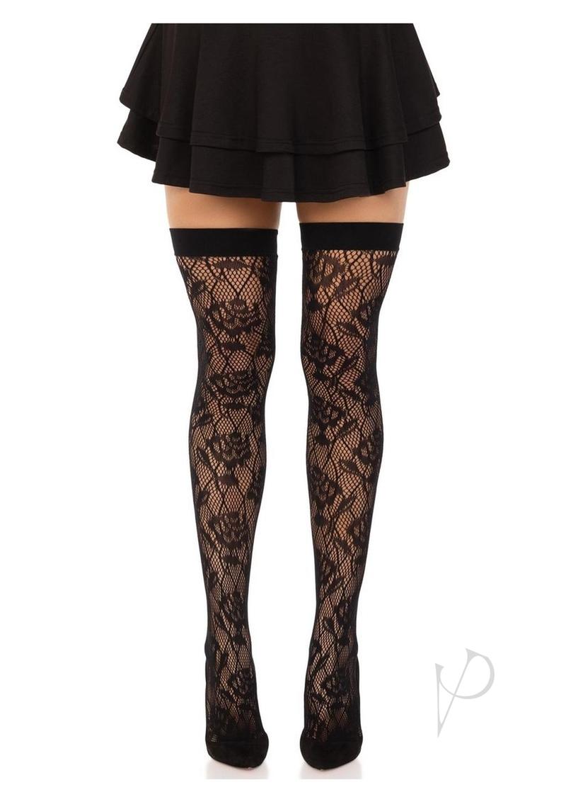 Leg Avenue Wild Rose Net Thigh Highs - Black - One Size