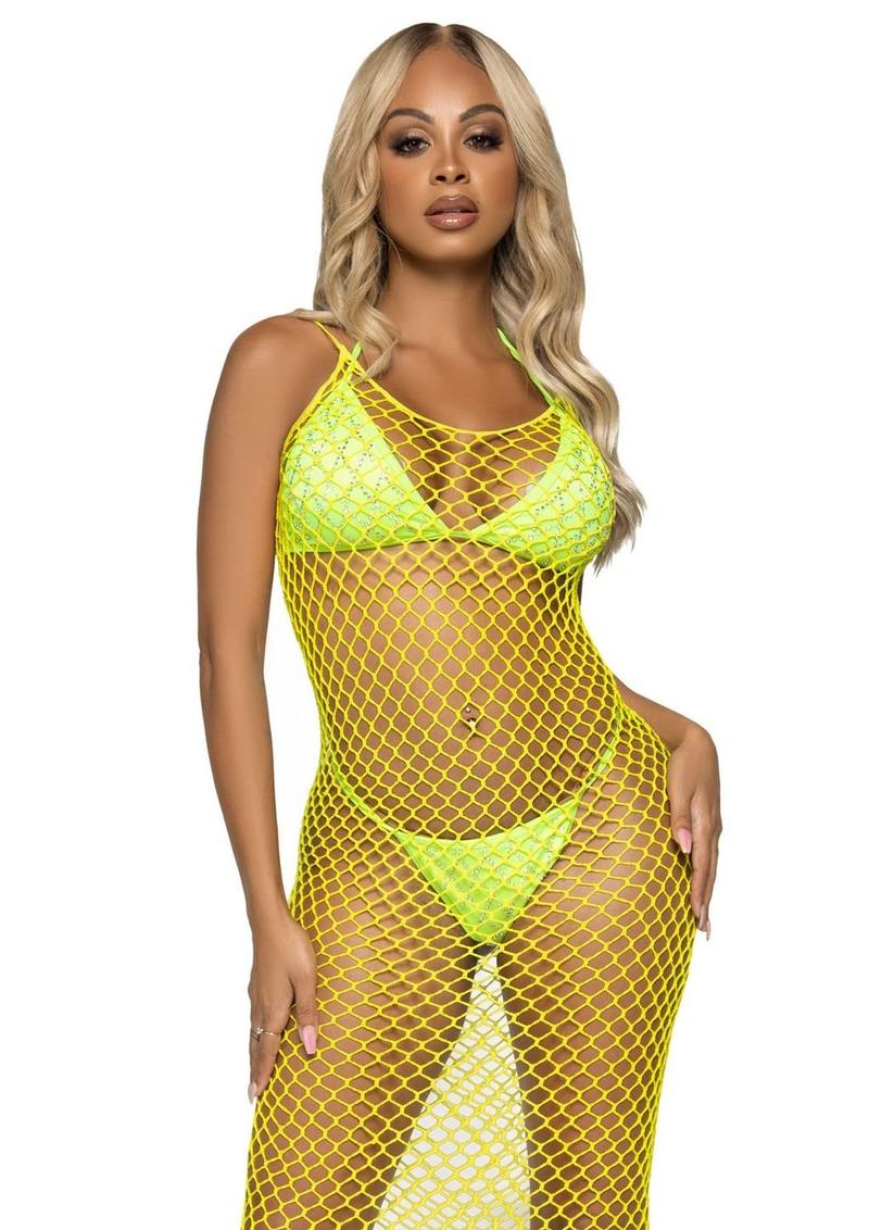 Leg Avenue Woven Twist Net Backless Maxi Dress - One Size - Lemon - Yellow - One Size