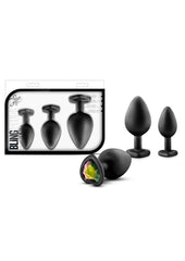 Luxe Bling Butt Plugs Silicone Training Kit with Rainbow Gems (3 Size Kit - Black/Multicolor