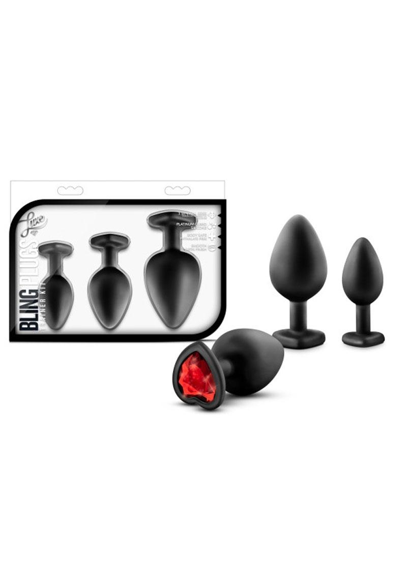 Luxe Bling Butt Plugs Silicone Training Kit with Red Gems (3 Size Kit - Black/Red