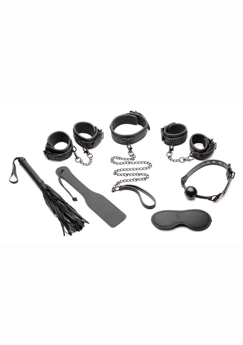 Master Series Master Of Kink Pu Leather Deluxe Bondage - Black/Metal - 7 Piece/Set