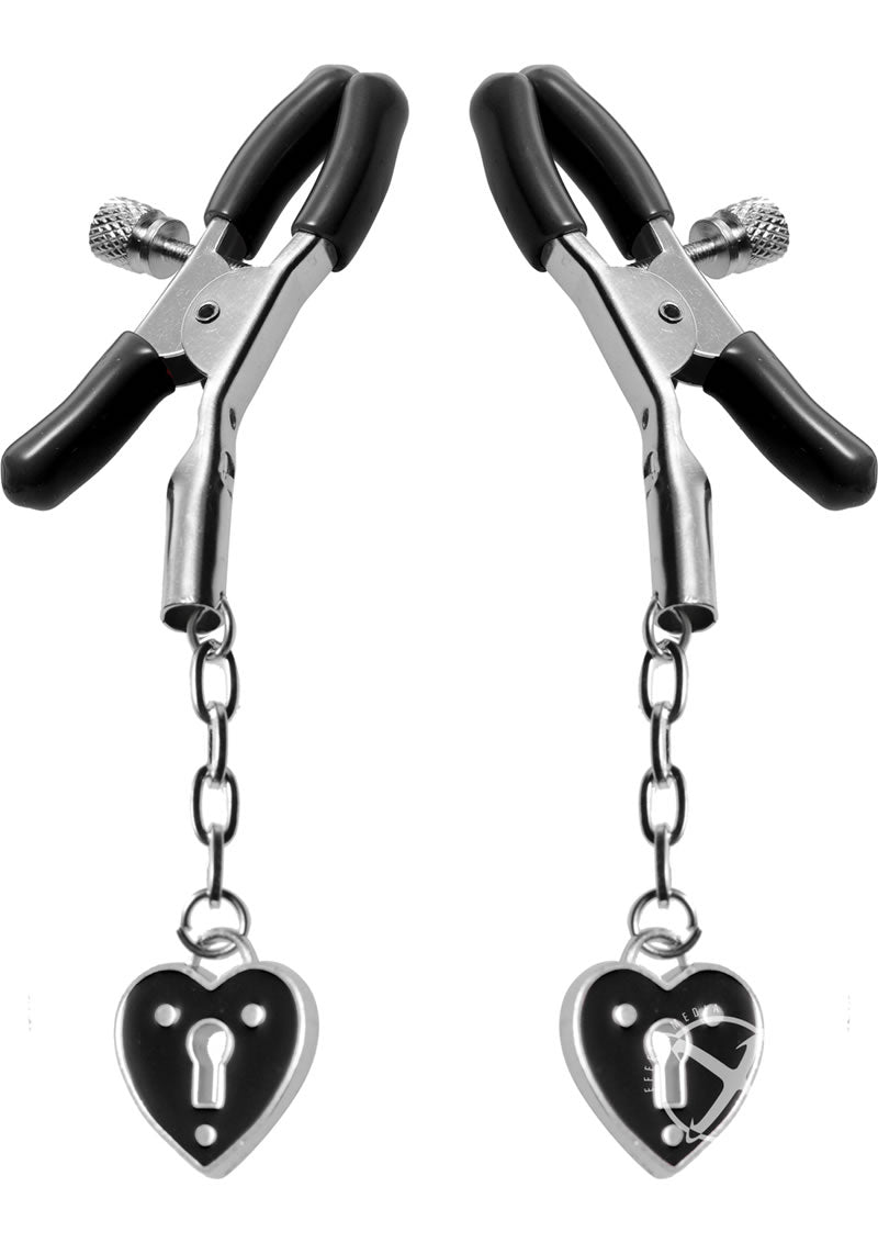 Master Series - Platinum Bound Charmed Heart Padlock Nipple Clamps - Silver