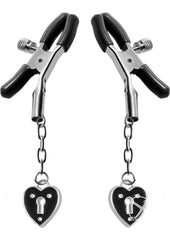 Master Series - Platinum Bound Charmed Heart Padlock Nipple Clamps - Silver