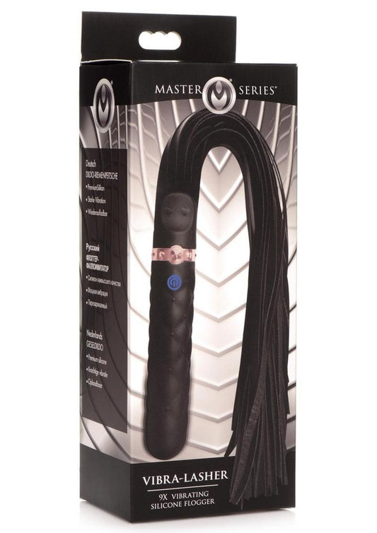 Master Series Vibra-Lasher 9x Vibrating Silicone Dildo Flogger - Black