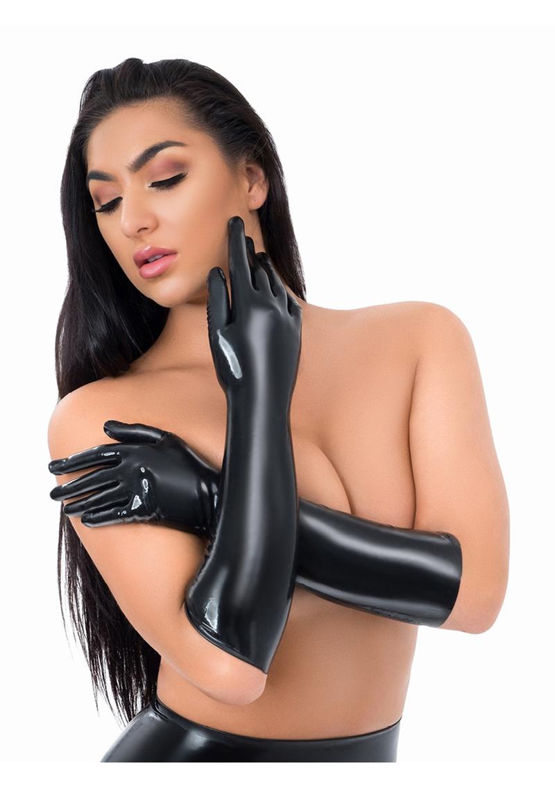 Shiny black latex full length gloves ME YOU US Latex Full Length Gloves - Black - Medium