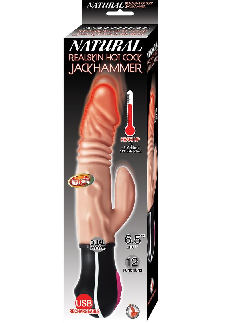 Natural Realskin Hot Cock Jackhammer Rechargeable Warming Vibrator - Flesh/Vanilla