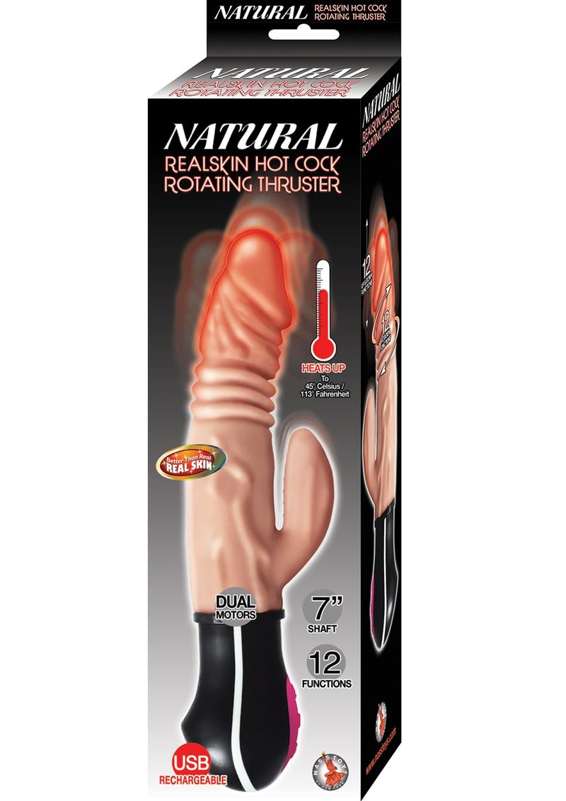 Natural Realskin Hot Cock Rotating Thruster Rechargeable Warming Vibrator - Flesh/Vanilla