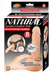 Natural Realskin Squirting Penis with Adjustable Harness - Vanilla - 8in