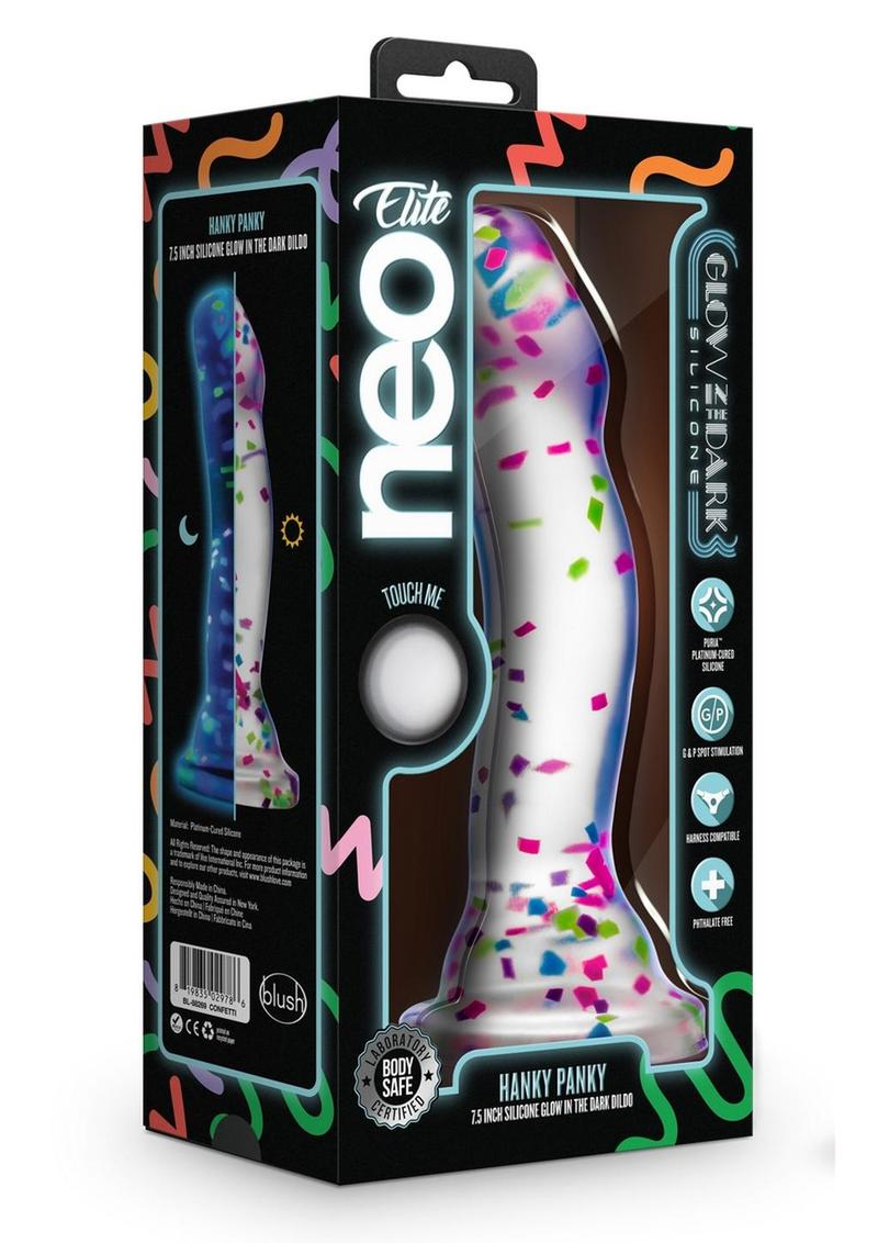 Neo Elite Glow In The Dark Silicone Hanky Panky Dildo 7.5in - Confetti - Glow In The Dark/Multicolor