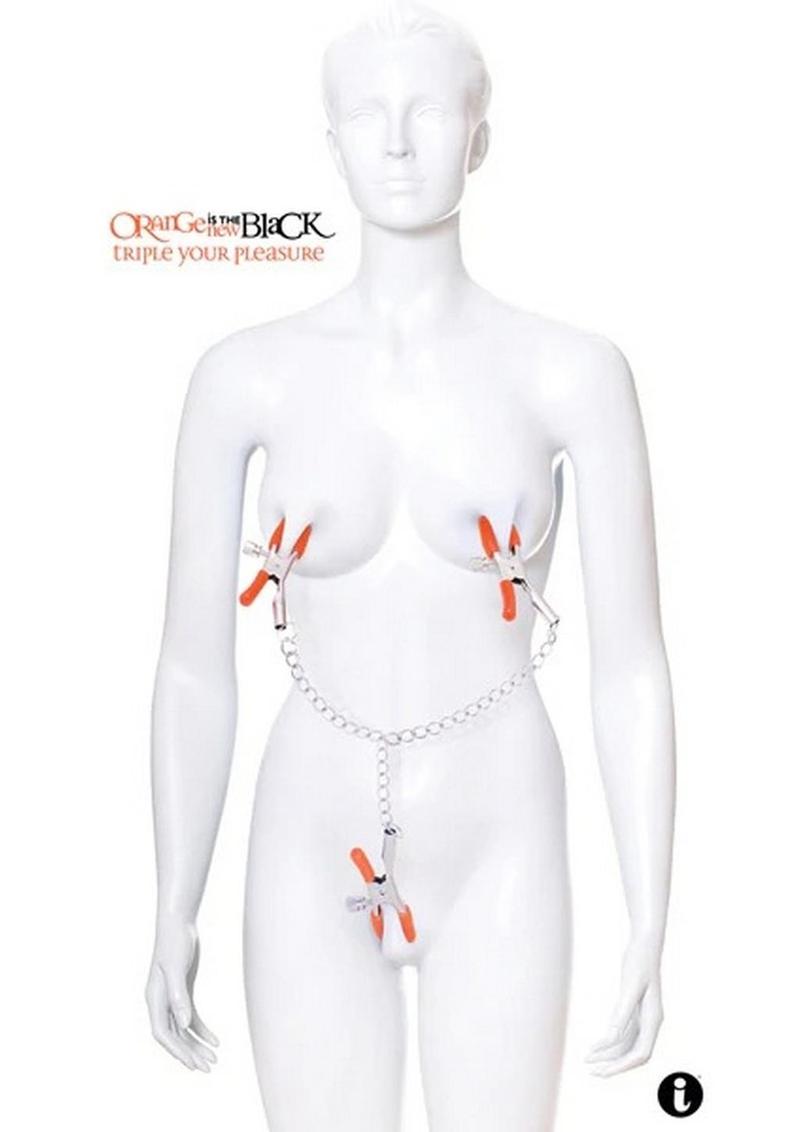 Orange Is The New Black Triple Your Pleasure Nipple and Clitoral Clamps with Chain - Orange