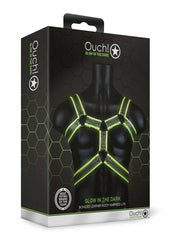 Ouch! Bonded Leather Body Harness - Black/Glow In The Dark/Green - Large/XLarge