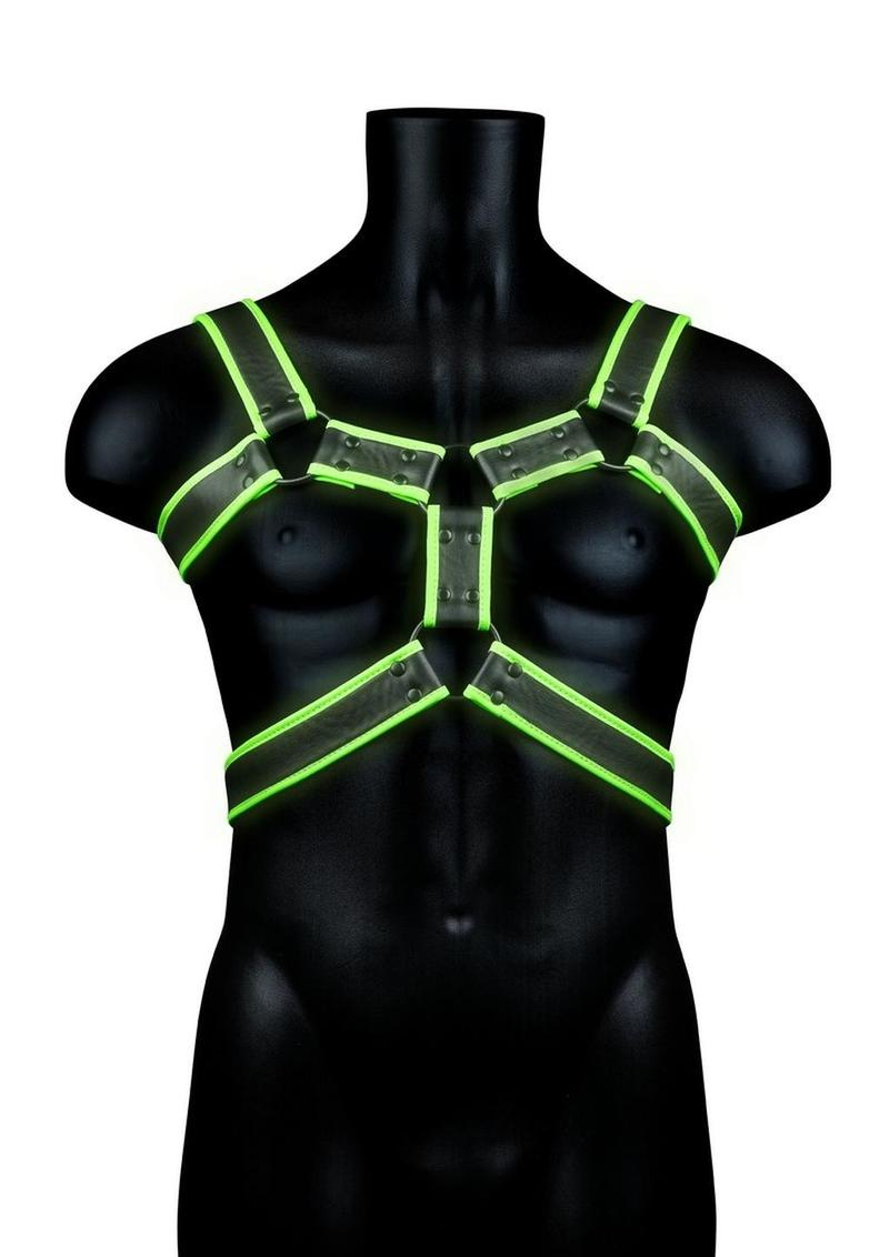 Ouch! Bonded Leather Body Harness - Black/Glow In The Dark/Green - Medium/Small