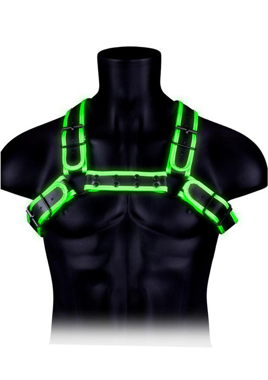 Ouch! Buckle Bulldog Harness - Black/Glow In The Dark/Green - Medium/Small