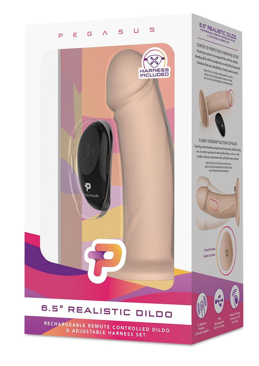 Pegasus Realistic Silicone Rechargeable Dildo with Remote Control and Adjustable Harness - Vanilla - 6.5in - Set