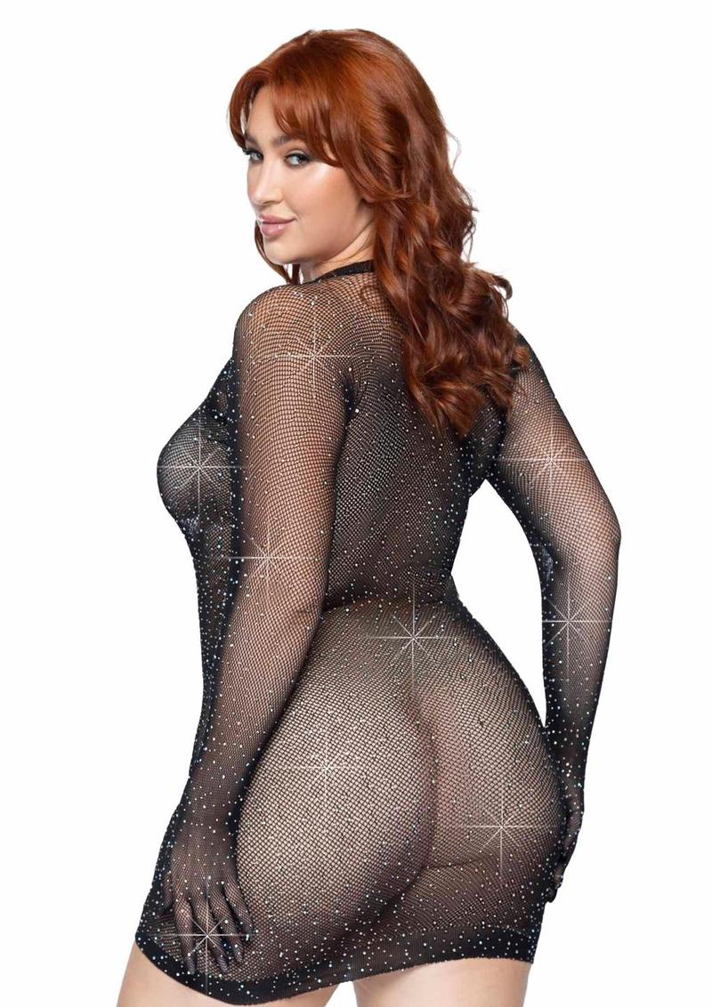 Rhinestone Fishnet Gloved Mini Dress - Black - Queen/XLarge/XXLarge