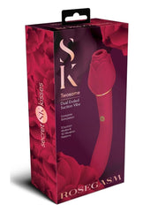 Secret Kisses Rosegasm Twosome Rechargeable Silicone Dual End Vibrator with Clitoral Stimulator - Red