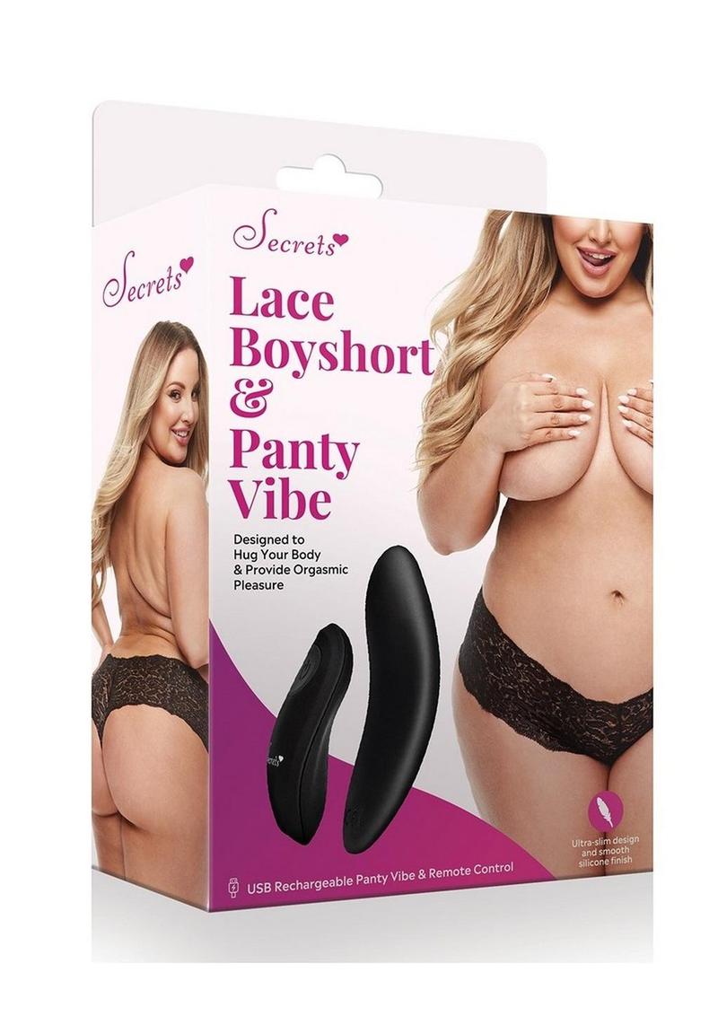 Secrets Lace Boyshort and Rechargeable Remote Control Panty Vibe - Black - Queen