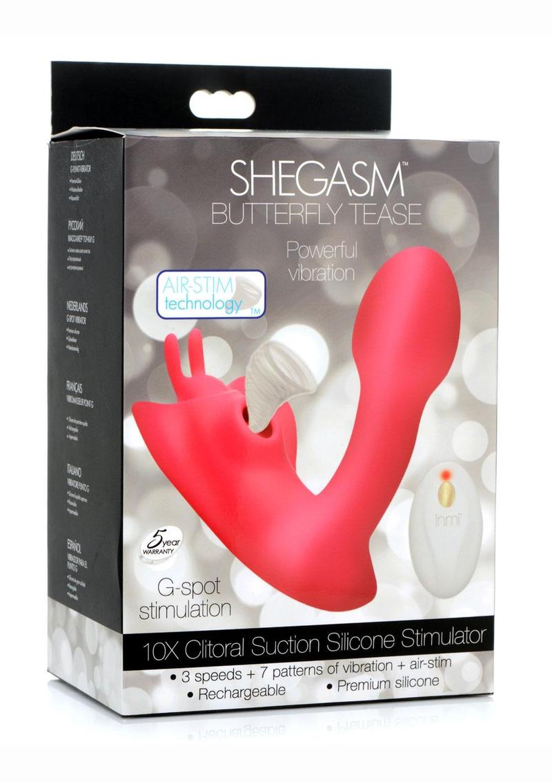 Shegasm Butterfy Tease Rechargeable Silicone 10x Clitoral Suction Stimulator with Remote Control - Pink