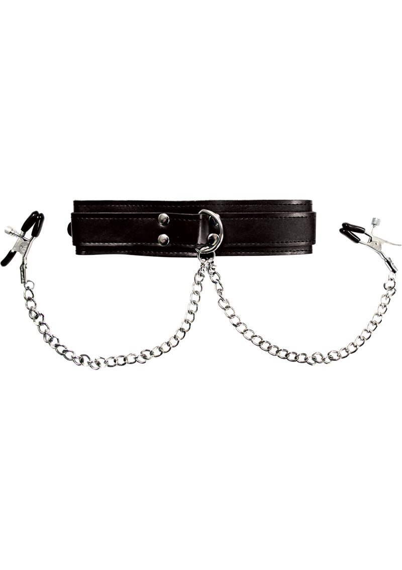 Sportsheets Collar with Nipple Clamps - Black/Silver