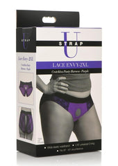 Strap U Lace Envy Lace Crotchless Panty Harness - Black/Purple - XXLarge