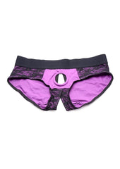 Strap U Lace Envy Lace Crotchless Panty Harness - Black/Purple - XXLarge