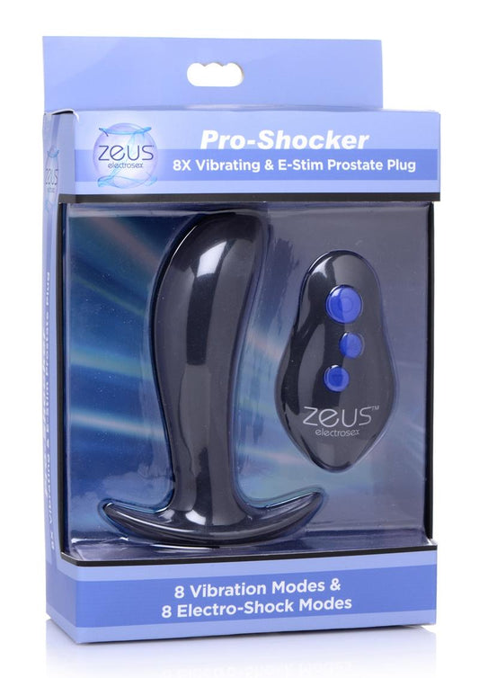 Zeus Pro-Shocker 8x Vibrating and E-Stim Silicone Rechargeable Prostate Plug with Remote Control - Black